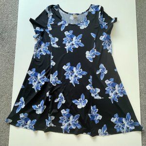 Clientele Loose-Fitting Summer Black with Blue Flowers Dress Plus Size XL - EUC